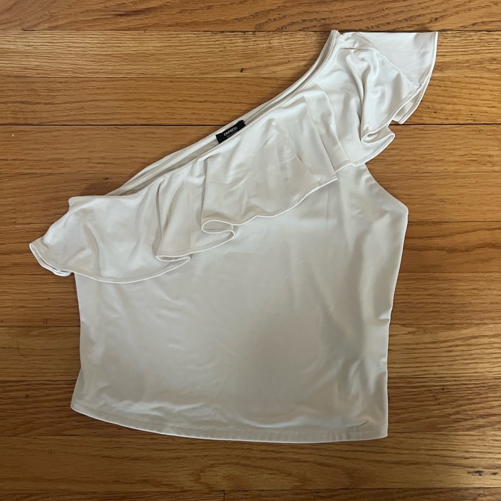 Express White One-Shoulder Ruffle Crop Top- Size Medium